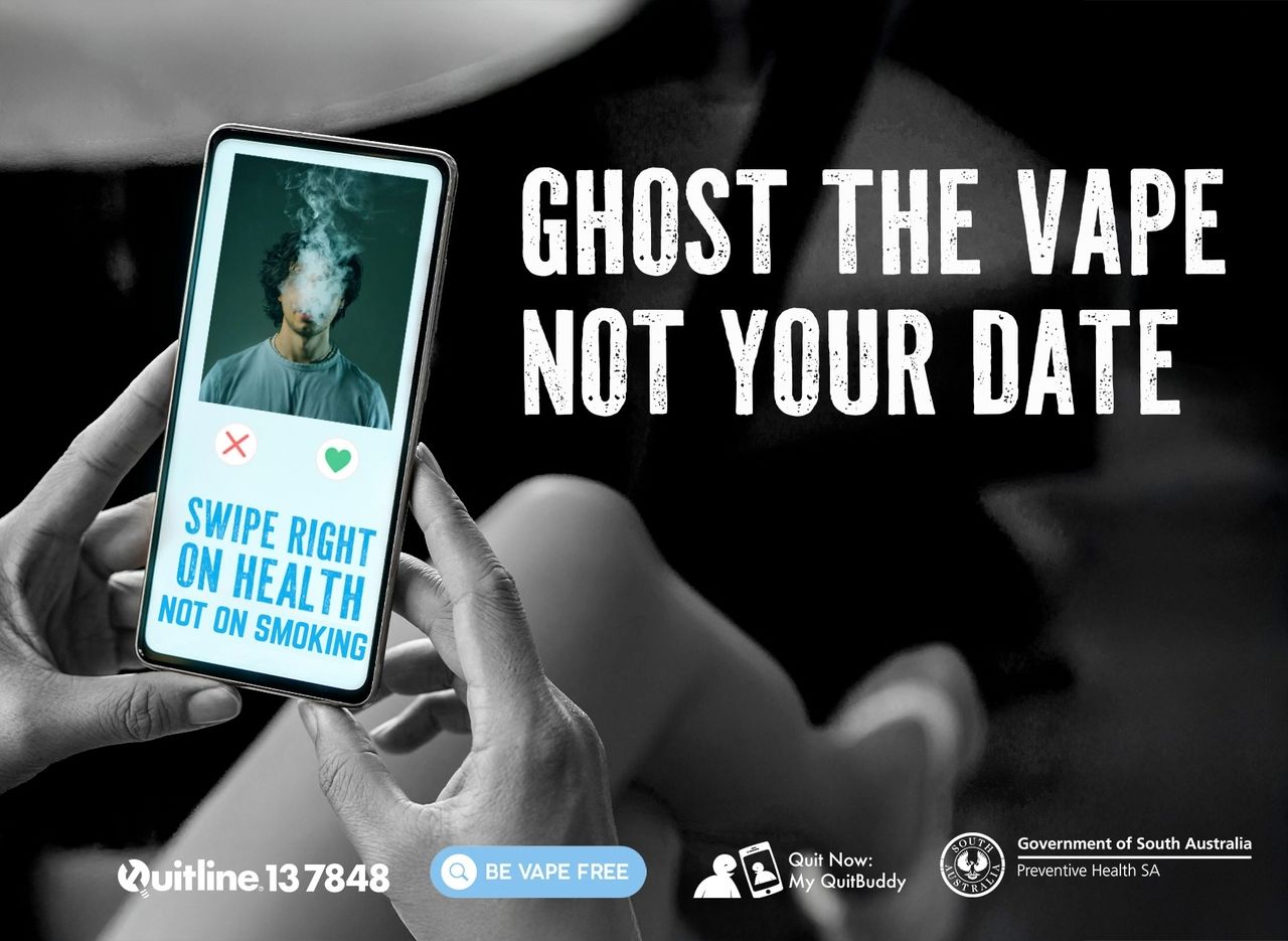 Preventive Health SA anti-vaping campaign graphic reading "Ghost the Vape Not Your Date" with a smartphone showing a dating app profile.
